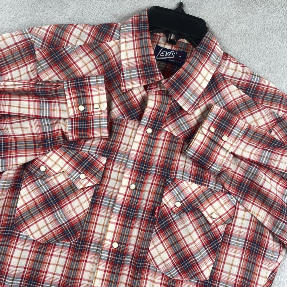 Vintage Levis Shirt Means Medium Tapered Fit Red Plaid Sawtooth Western Snap 90s